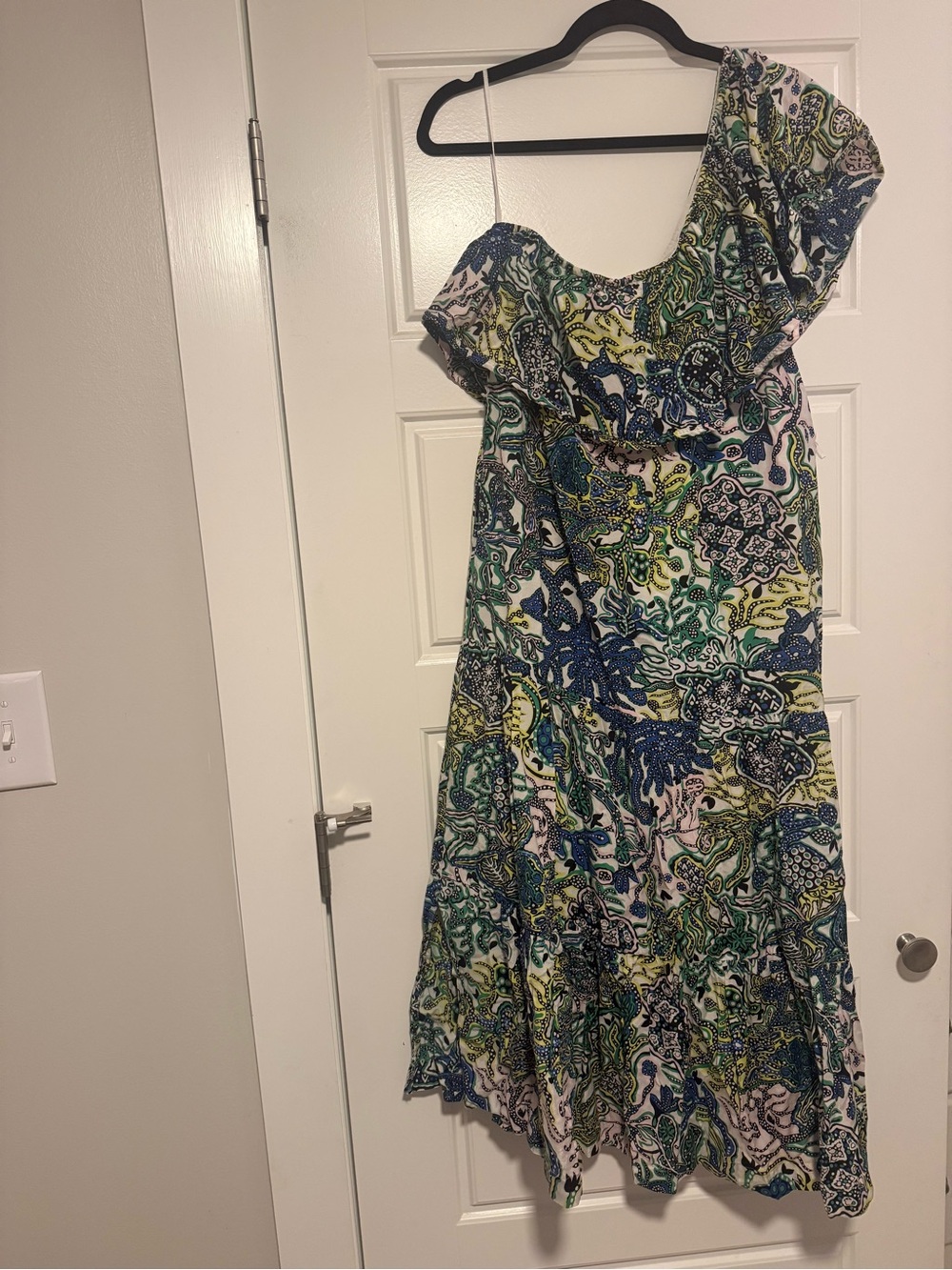 A.L.C. One-Shoulder Floral Paisley Dress in Blue & Green
